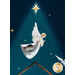 A close up on the angel floating above the manger, lit by a bright star.