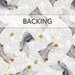 Swatch of mottled grayish white fabric with tossed angels and tonal script; a transparent banner at the top reads "Backing." 