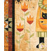 A close up on the panel, demonstrating top quilting effects and print details on the orange and green tulips beside the black cat.
