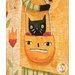 A close up on the panel, demonstrating top quilting effects and print details on the trick or treat basket with a scruffy black cat inside.