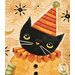 A close up on the panel, demonstrating top quilting effects and print details on the charming black cat with an orange ruff and party hat.