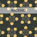 Black swatch of fabric featuring geometric swirl and orange pumpkin motifs; a transparent banner at the top reads "Backing." 