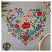 The Heart Bloom cross stitch pattern featuring florals in a heart shape in hues of red, green, blue, and gold.