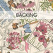 Cream fabric swatch with a tossed collage of seed packets for various flowers as well as multicolor butterflies; a transparent banner at the top reads "Backing." 