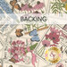 Cream fabric swatch with a tossed collage of seed packets for various flowers as well as multicolor butterflies; a transparent banner at the top reads "Backing."