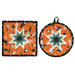 The completed Folded Hot Star Pads colored in black, mint green, white, and orange fabrics from the Frank and Friends collection by Riley Blake Designs, isolated on a white background. 