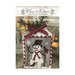 Cross-stitch pattern cover showing a snowman with a cane surrounded by cardinals and snowmen finished on a decorative festive board.