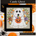 A digital mock up of the Candy Ghost pattern with coordinating décor and a stitch count in the bottom right corner. 