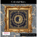 A digital mock up of the Celestial Skies pattern with coordinating décor and a stitch count in the bottom right corner. 