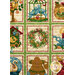 A close up on the center of the panel, showing details on the stylized illustrations, print colors, and top quilting details.