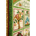 An angled close up, showing details on the stylized illustrations, print colors, and top quilting details.