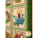 A close up on the center of the panel, showing details on the stylized illustrations, print colors, and top quilting details.