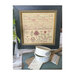 Finished Jane Walker Reproduction cross stitch pattern in a gold ornamental frame in a kitchen household scene.