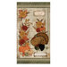 Panel with vintage paper topped with fall florals, pumpkins, a turkey, stamp-styled elements, and ornate bordering designs.