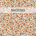 Swatch of white fabric with a dense design of red, orange, and yellow flowers with green leaves; a transparent banner at the top reads "Backing." 