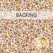 Swatch of white fabric with a dense design of red, orange, and yellow flowers with green leaves; a transparent banner at the top reads "Backing." 