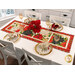 The completed runner on a white table staged with four gold table settings.