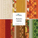 Square collage of autumn-themed fabrics from the Autumn Leaves collection with a 42 Squares 10" x 10" labellabel