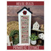 The front of the House Rules cross stitch pattern by Primrose cottage staged with home décor.