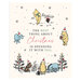 Cream panel fabric with multiple scenes of Winnie the Pooh and friends in scenes with Christmas trees, presents, and black snowflakes.