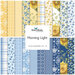 Square collage of watercolor styled floral and gingham plaid fabrics in hues of blue, white, and yellow.