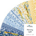 Fanned collage of watercolor styled floral and gingham plaid fabrics in hues of blue, white, and yellow.