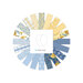 Circular collage of yellow and blue floral and gingham fabric strips from the Morning Light collection with a Rolie Polie label