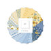 Circular collage of yellow and blue floral and gingham fabrics from the Morning Light collection with a 10" Stacker label