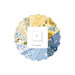 Circular collage of yellow and blue floral and gingham fabrics from the Morning Light collection with a 5" Stacker label