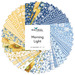 Circular collage of watercolor styled floral and gingham plaid fabrics in hues of blue, white, and yellow.