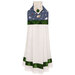 The completed Hanging Towel colored in green, navy, and cream fabrics from the Tee Time collection from Clothworks, isolated on a white background. 