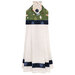 The completed Hanging Towel colored in green, navy, and cream fabrics from the Tee Time collection from Clothworks, isolated on a white background. 