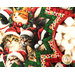 A close up on the center of the topper, showing print details on the adorable Christmas cats; a cup of cocoa with marshmallows peeks into frame from the right side.