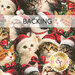 Densely packed fabric design of cats wearing holiday hats, scarves, and bows; a transparent banner at the top reads "Backing." 