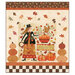 A digital mockup of the Feels Like Fall Panel Quilt kit featuring a woman picking pumpkins with her squirrel friend with patchwork and appliqué isolated on a white background.