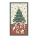 Panel fabric with a scene of cats playing with Christmas presents in front of a Christmas tree, surrounded by tossed holly sprigs and stars.