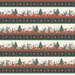 Festive border stripe with scenes of cats playing around Christmas trees and presents, separated by stripes of poinsettias and pine sprigs.