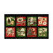 Black panel with a soft black toss of holly sprigs topped with eight blocks of Christmastime paper cutout-style motifs and doilies.