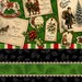 Closeup of the border print showing holly sprigs, paper cutout Christmas motifs, and stripes.