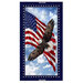 Patriotic panel fabric featuring a soaring eagle in front of a waving American flag set against a cloud-filled sky, framed by a deep navy border accented with white stars.