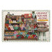 Crochet book cover featuring shelves filled with colorful yarn and granny square projects, including bags, pillows, and other crocheted accessories.