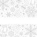Closeup of the white border print fabric with stripes of silver metallic Christmas motifs like stockings, snowflakes, stars, holly leaves, ornaments, and pinwheels.
