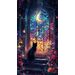 Panel fabric featuring a black cat surrounded by colorful roses, staring out a at the moon thru a stained glass window