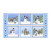 Panel with six blocks of snowmen in different wintry forest scenes with cardinals and deer, bordered by mittens and snowflakes.