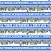 Border print fabric with stripes of snowmen in wintry scenes with cardinals and deer, separated by azure blue stripes of mittens and snowflakes.