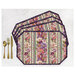 Four placemats fanned out and colored in a purple, cream, pink, and green floral print, staged with gold utensils on a white background.