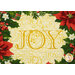 A super close up on the center showing details on the golden-yellow "JOY" text at the center of the wreath.