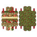Both sides of the unfolded Scalloped Basket, colored in cream, red, and green fabrics from the Deck the Halls collection by Northcott Fabrics, isolated on a white background. 