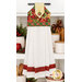 The completed Hanging Towel colored in cream, red, and green fabrics from the Deck the Halls collection by Northcott Fabrics, staged on a kitchen drawer with coordinating decor.