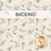 A swatch of warm cream fabric with tossed green sprigs. A banner at the top reads "Backing" and a golden Shabby Fabrics logo sits in the bottom right corner.